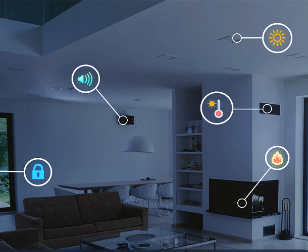 A modern living room with icons depicting smart home features like temperature, light, sound control, fire safety, and security—showcasing seamless home control automation.