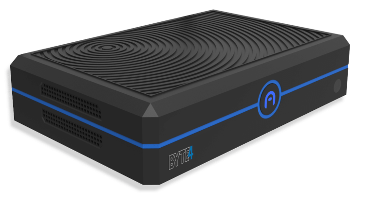 A black rectangular electronic device with blue accents, labeled "BYTE+", featuring a circular power symbol and ventilation slots on the side—this Azulle Byte Mini PC offers both style and functionality.