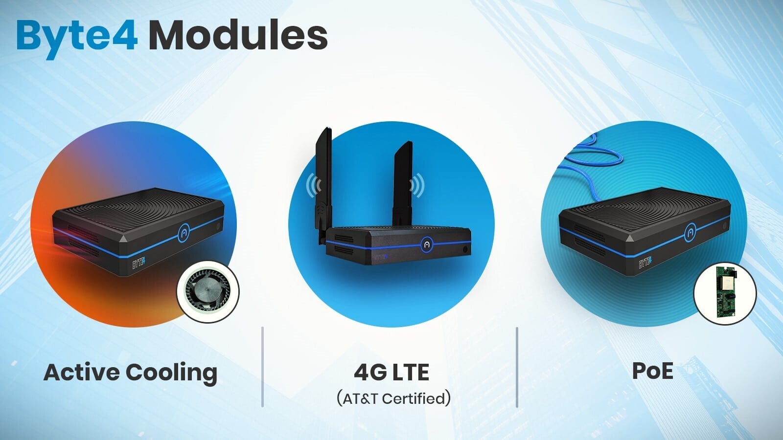 Byte's features an innovative modular design: Choose from Active Cooling, 4G LTE (AT&T Certified) or Power-over-Ethernet (PoE)