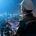 Engineer with a tablet featuring Azulle OEM features overlooking a cityscape with digital network connections.