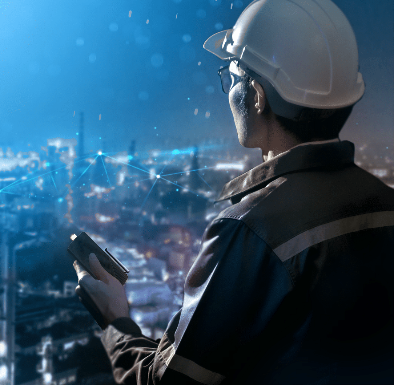 Engineer with a tablet featuring Azulle OEM features overlooking a cityscape with digital network connections.