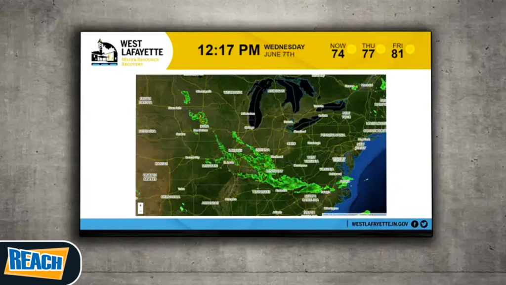 Digital signage displaying weather forecast on a screen, including radar map with time and temperature details.