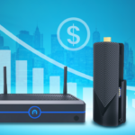 Two mini PCs against a backdrop of a city skyline with a rising financial graph, symbolizing tech growth and connectivity.