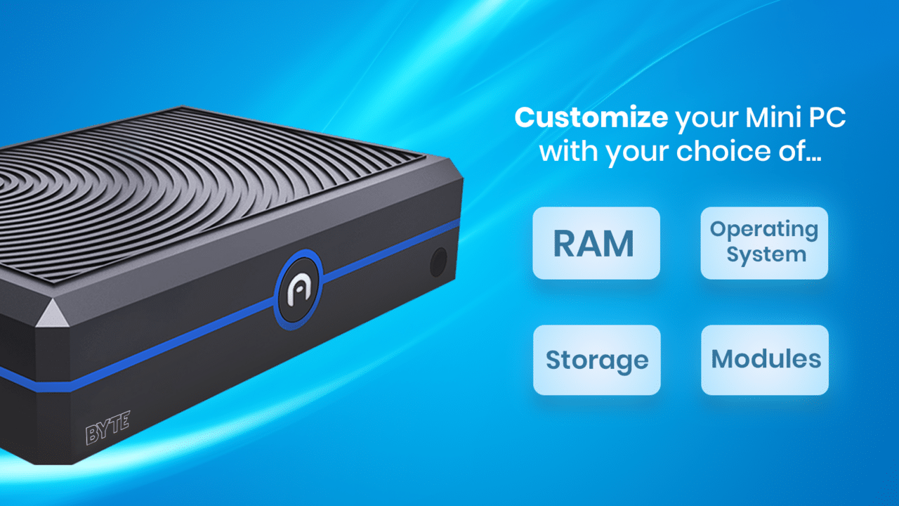 A mini PC on a blue background with text highlighting customizable options such as RAM, operating system, storage, and modules.