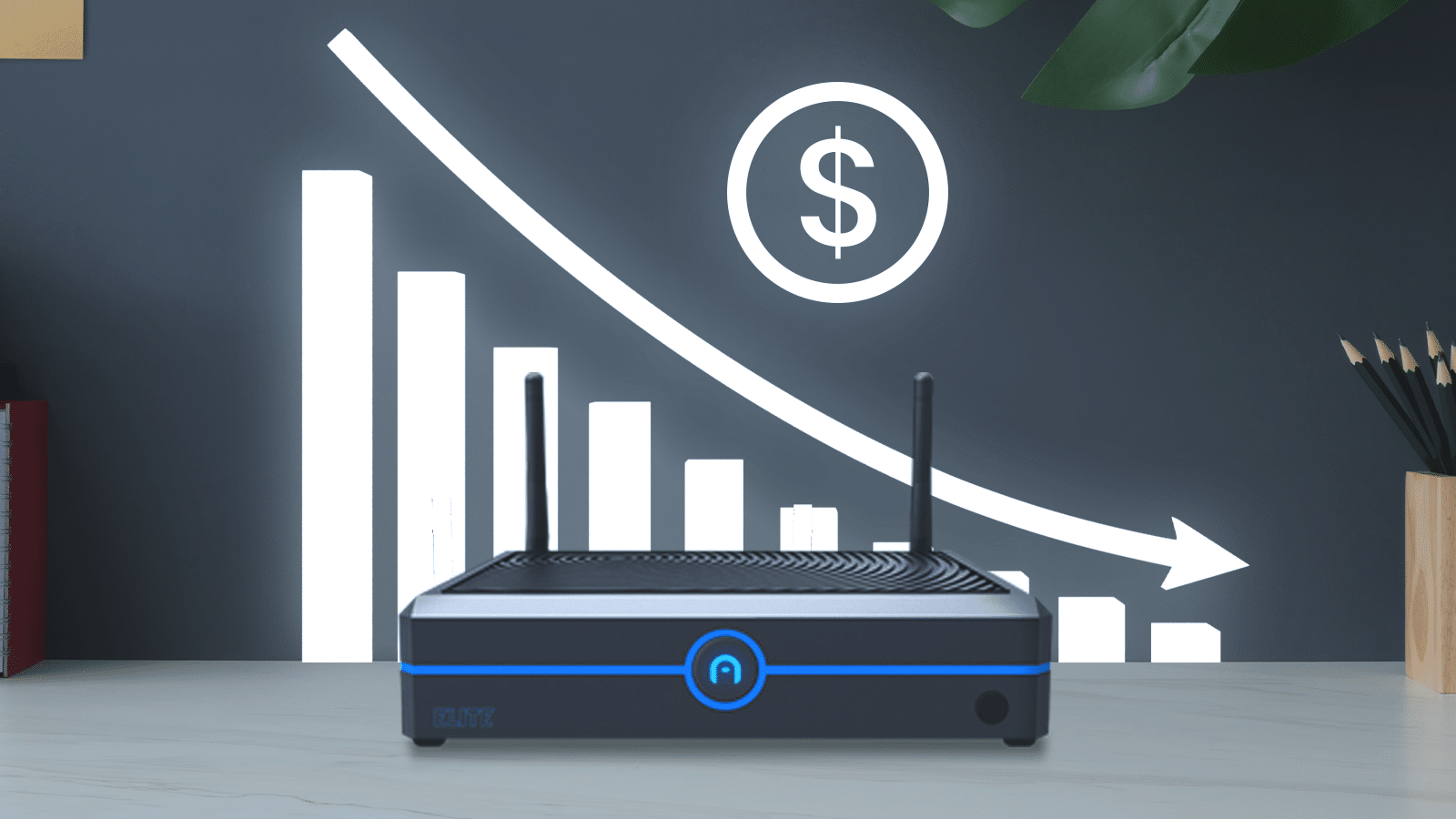 A mini PC from Azulle's Elite series is placed on a table, with a background showing a descending graph and a dollar sign, symbolizing decreasing costs or savings, perfect for business solutions.