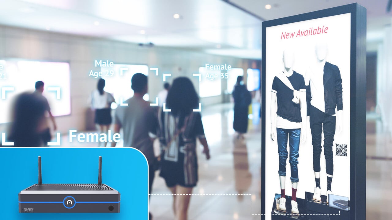 An image showing a digital advertising display on edge devices in a busy mall that uses facial recognition to analyze the age and gender of passersby.