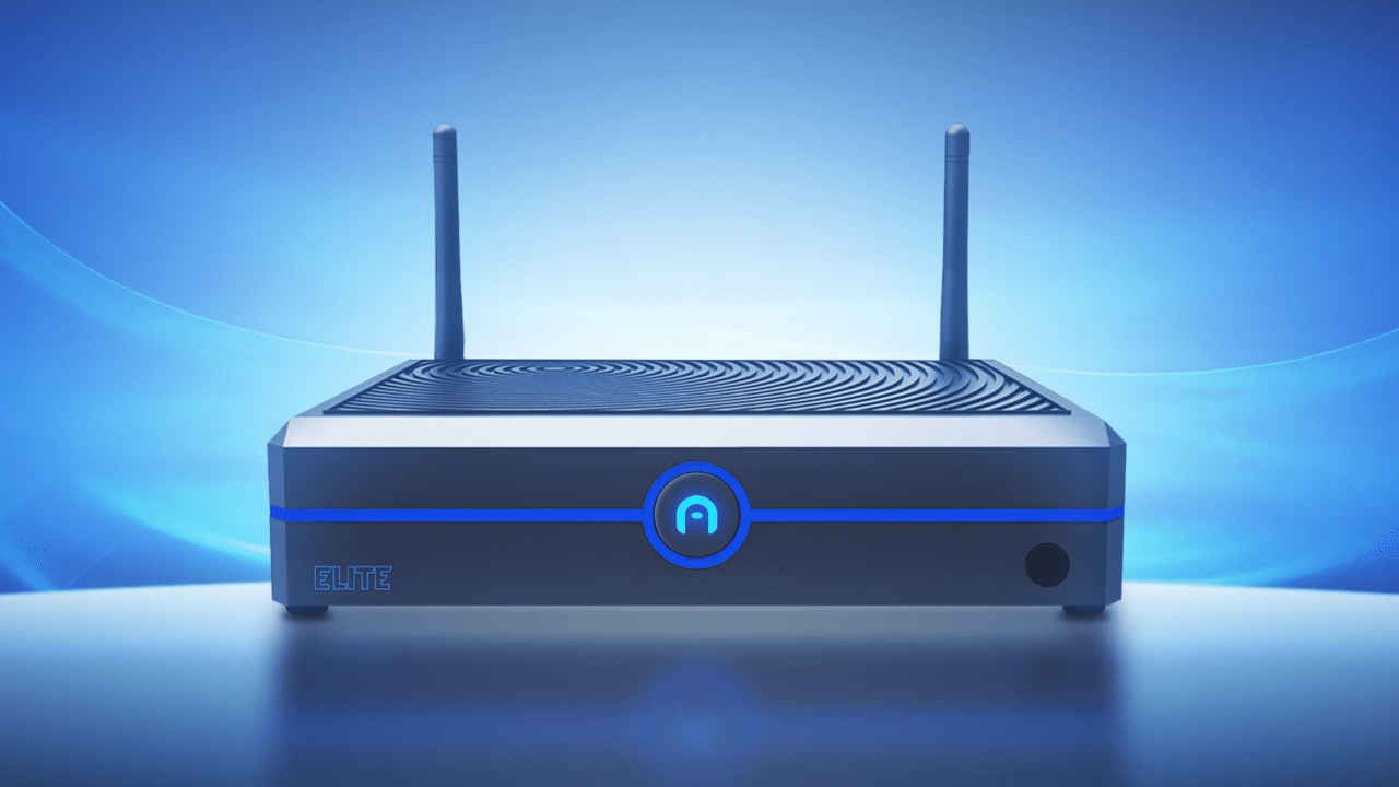 A sleek mini PC Azulle’s Elite, with two antennas and 4G capabilities, featuring a blue halo around a central button, is displayed against a gradient blue background.