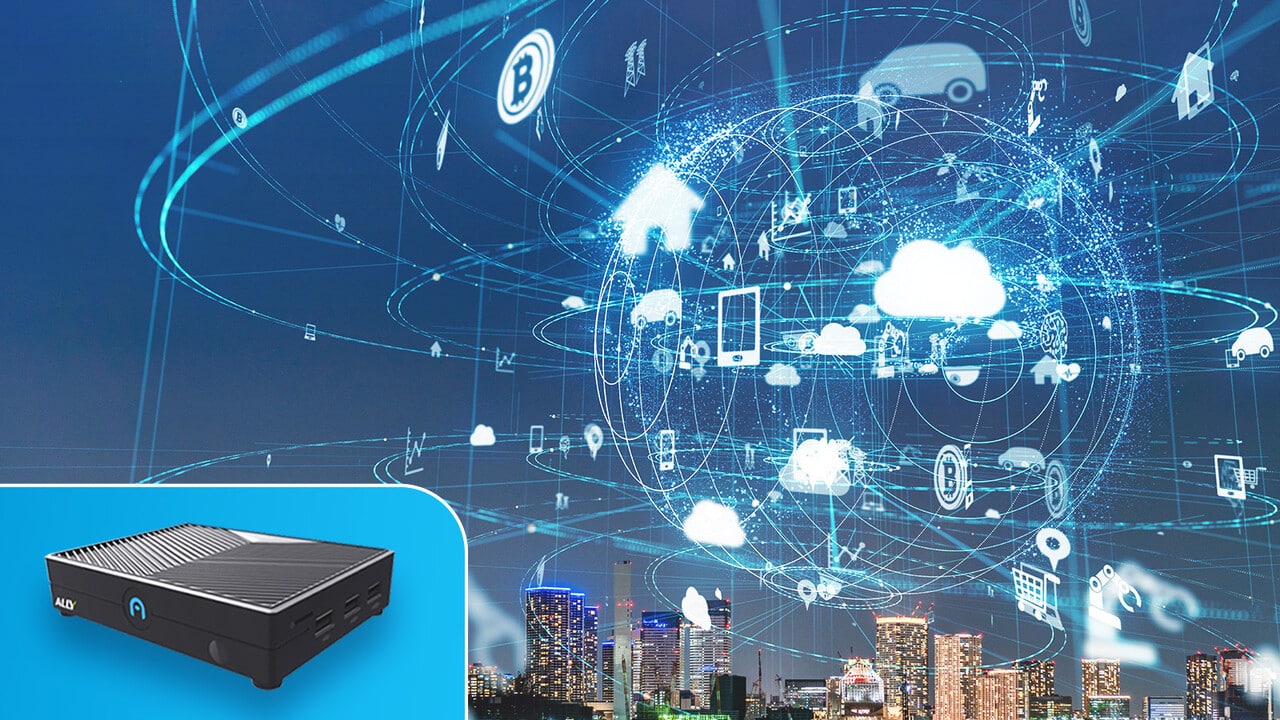Digital network and cloud computing concept with edge devices and icons over a cityscape, alongside an image of a black mini PC.