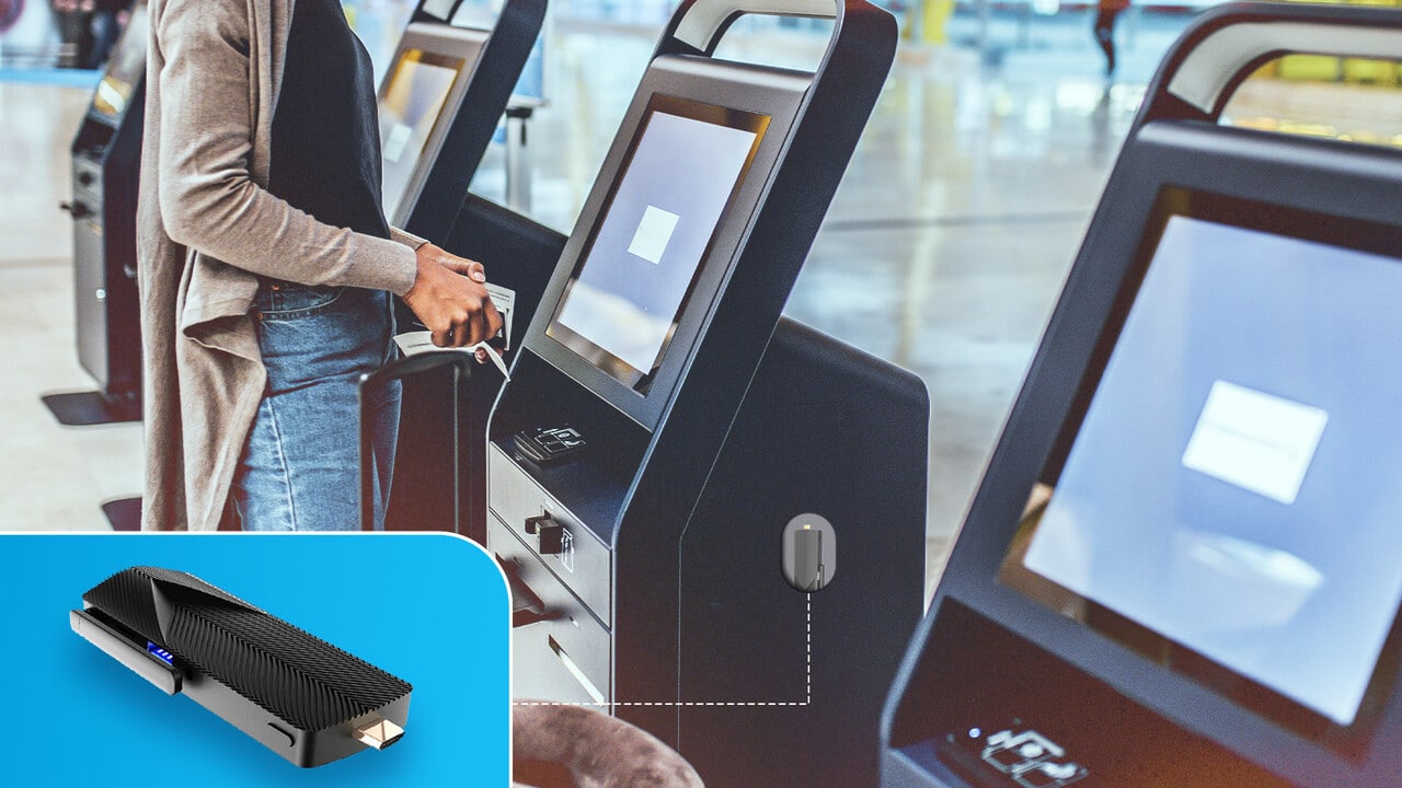 A person in a coat using a self-service check-in kiosk at an airport, with a close-up insert of an edge device barcode scanner.