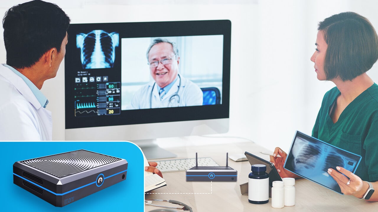 Healthcare professionals discuss patient data and x-rays via a video call with a senior doctor displayed on a screen, next to an image of portable edge devices.
