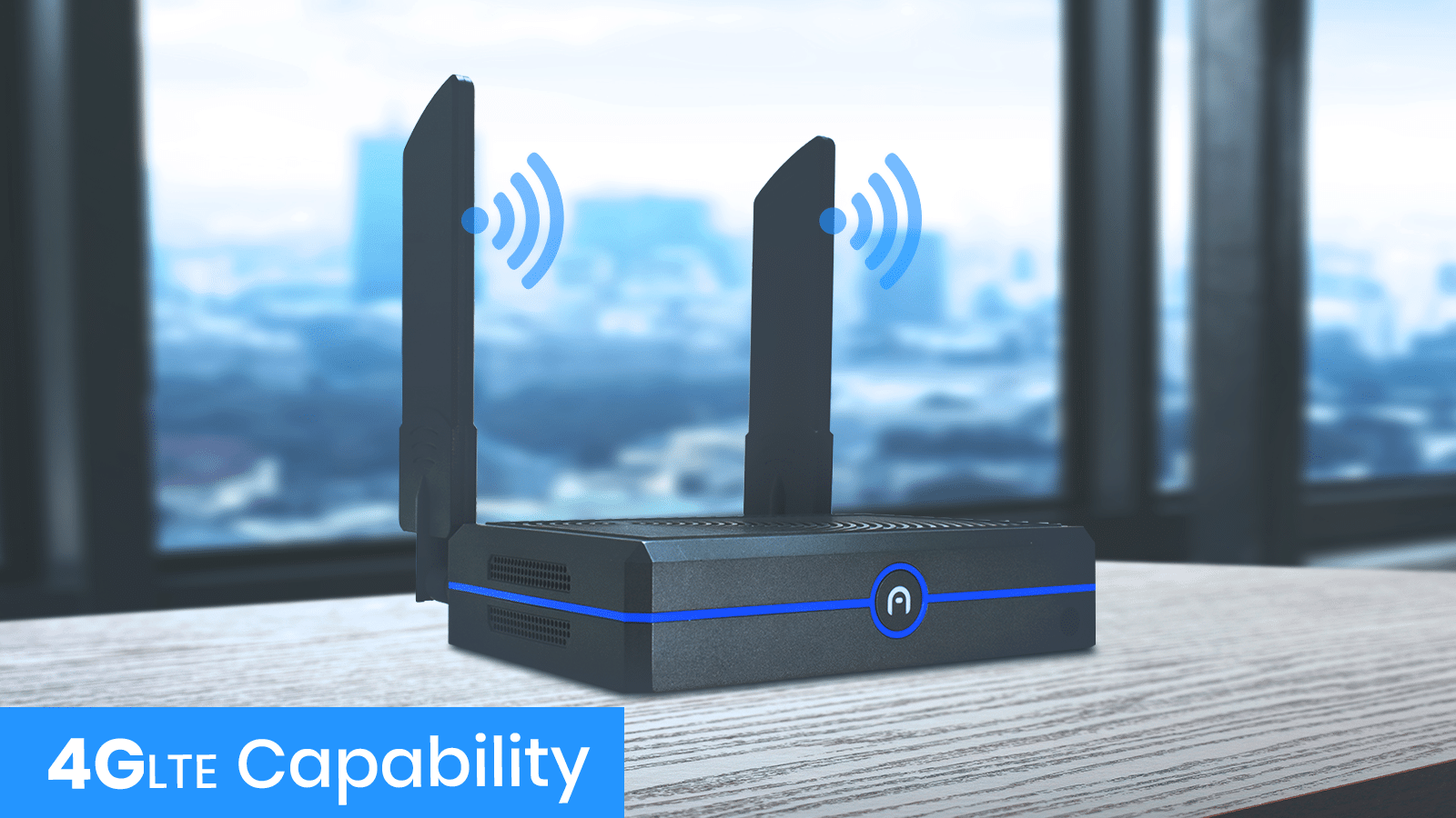 An elite black wireless router with two upright antennas sits on a table, featuring blue signal icons and "4G LTE Capability" text in the corner.