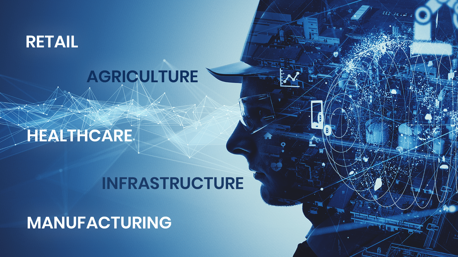 Silhouette of a person wearing protective gear, superimposed with graphics representing IoT technology in manufacturing.