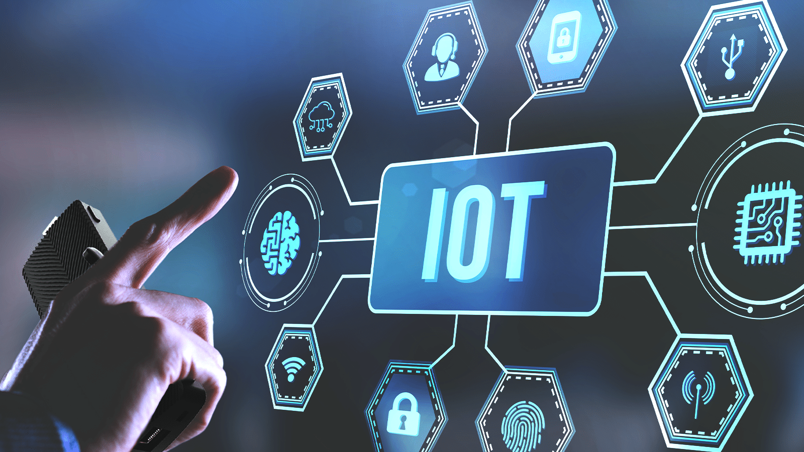 A person points at a digital display showing "IoT," surrounded by various related icons, including cloud computing, security, and artificial intelligence.