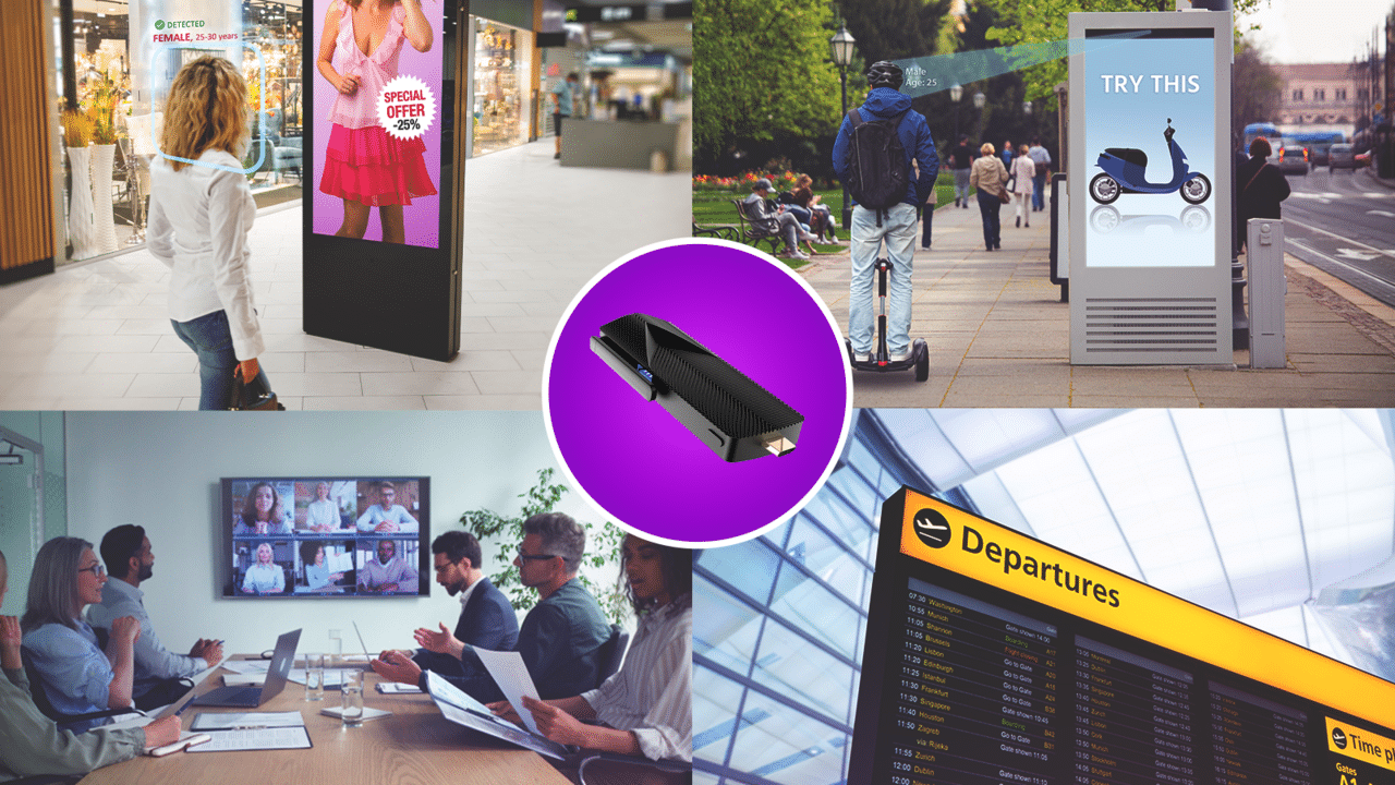 A composite image showing a woman interacting with a digital sign, a person on a scooter near an ad display, a business meeting, a departure board at an airport, and an Azulle Access Mini PC Stick in the center.