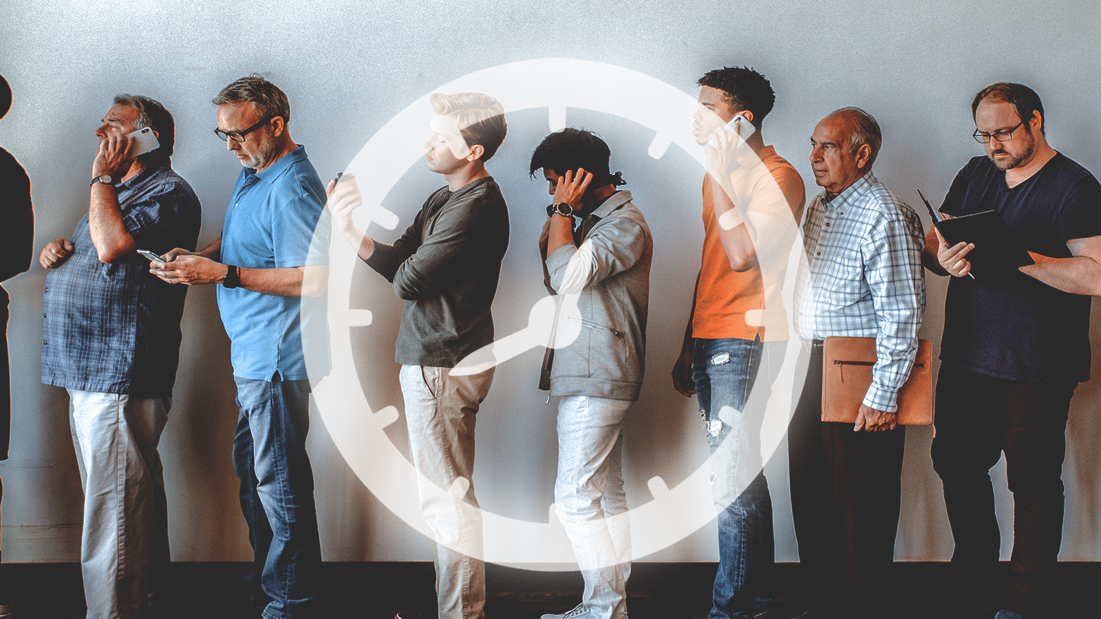 A line of people standing against a wall, using electronic devices, with a large transparent clock image overlaid on top. It's almost as if their lives are on auto-draft, dictated by the passage of time.