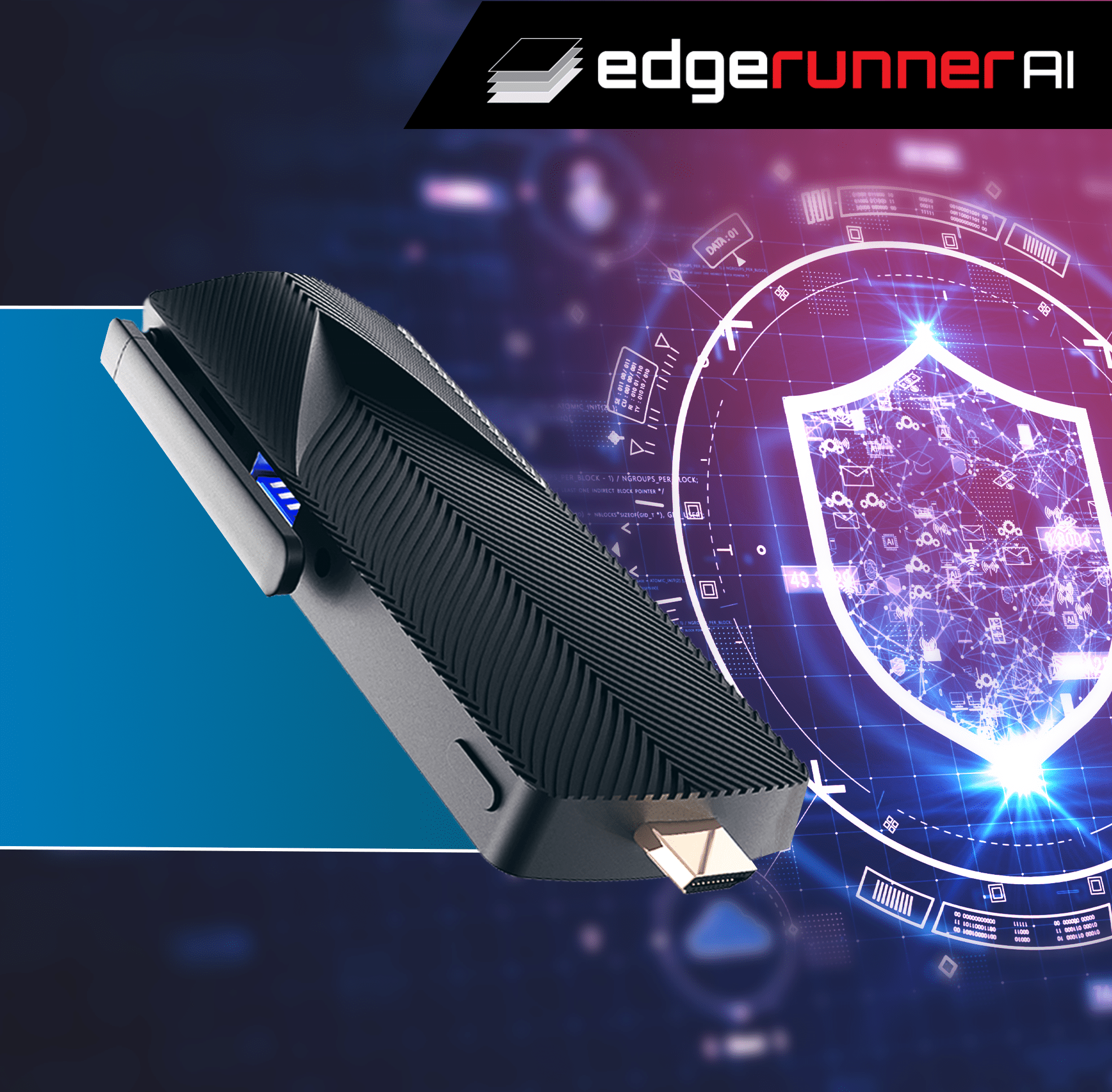 A black USB drive with a cabling port attached on one end is shown. It is set against a digital background featuring cybersecurity graphics, with the EdgeRunner AI logo in the top right corner, showcasing the power of generative AI in modern tech solutions.