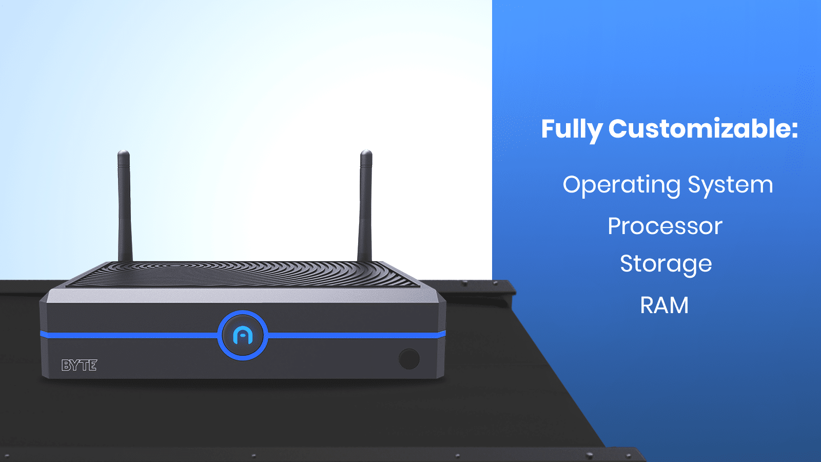 Image of a small, black computer device with two antennas, featuring customization options for operating system, processor, storage, and RAM. Text on the side reads, "Fully Customizable: Operating System, Processor, Storage, RAM." Ideal for those seeking the versatility of Mini PCs.