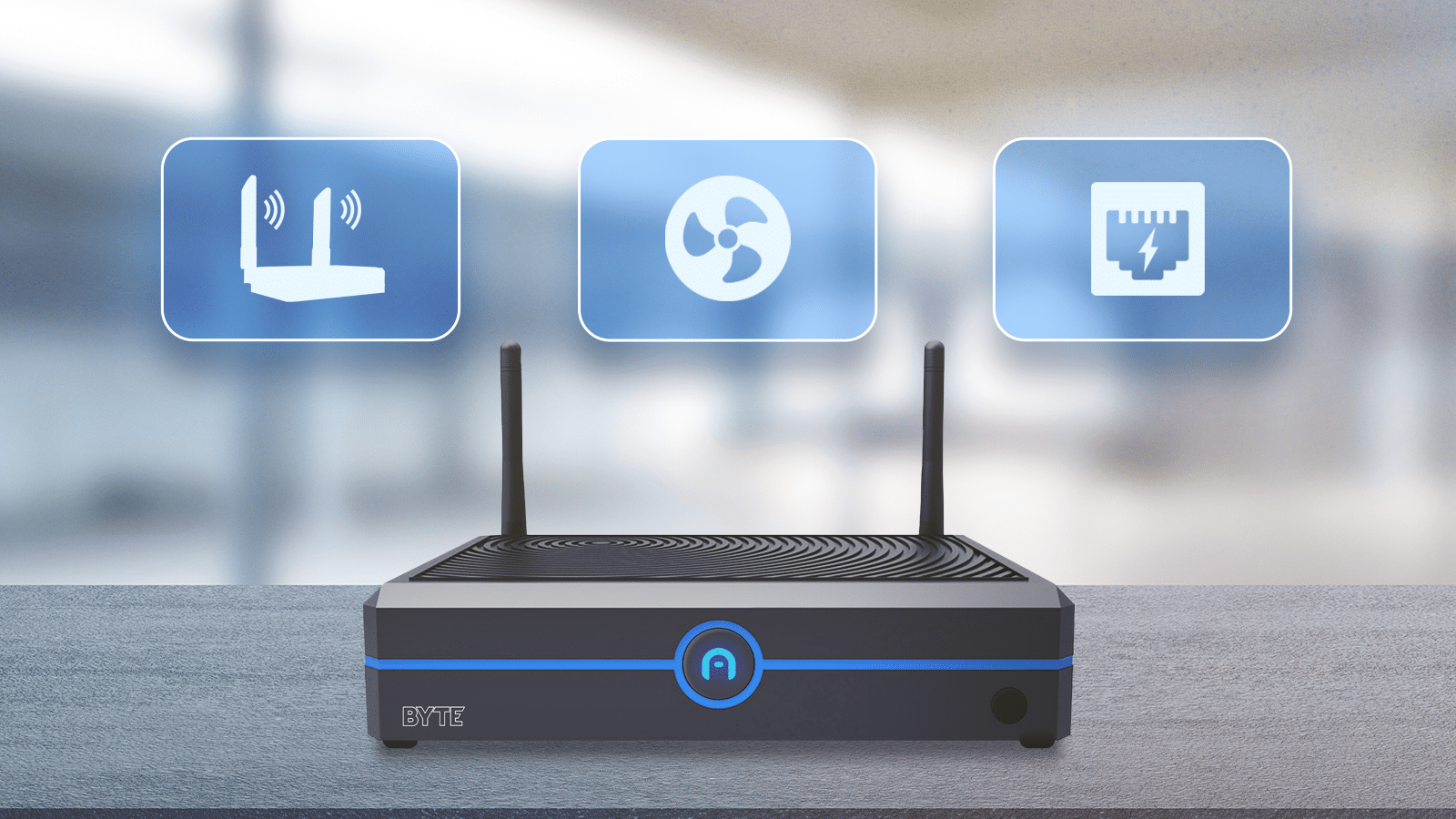 A black mini PC with two antennas sits on a table, with icons above it depicting wireless connectivity, network sharing, and wired Ethernet port. The device, ideal for IT setups, has "BYTE" and a blue logo on the front.