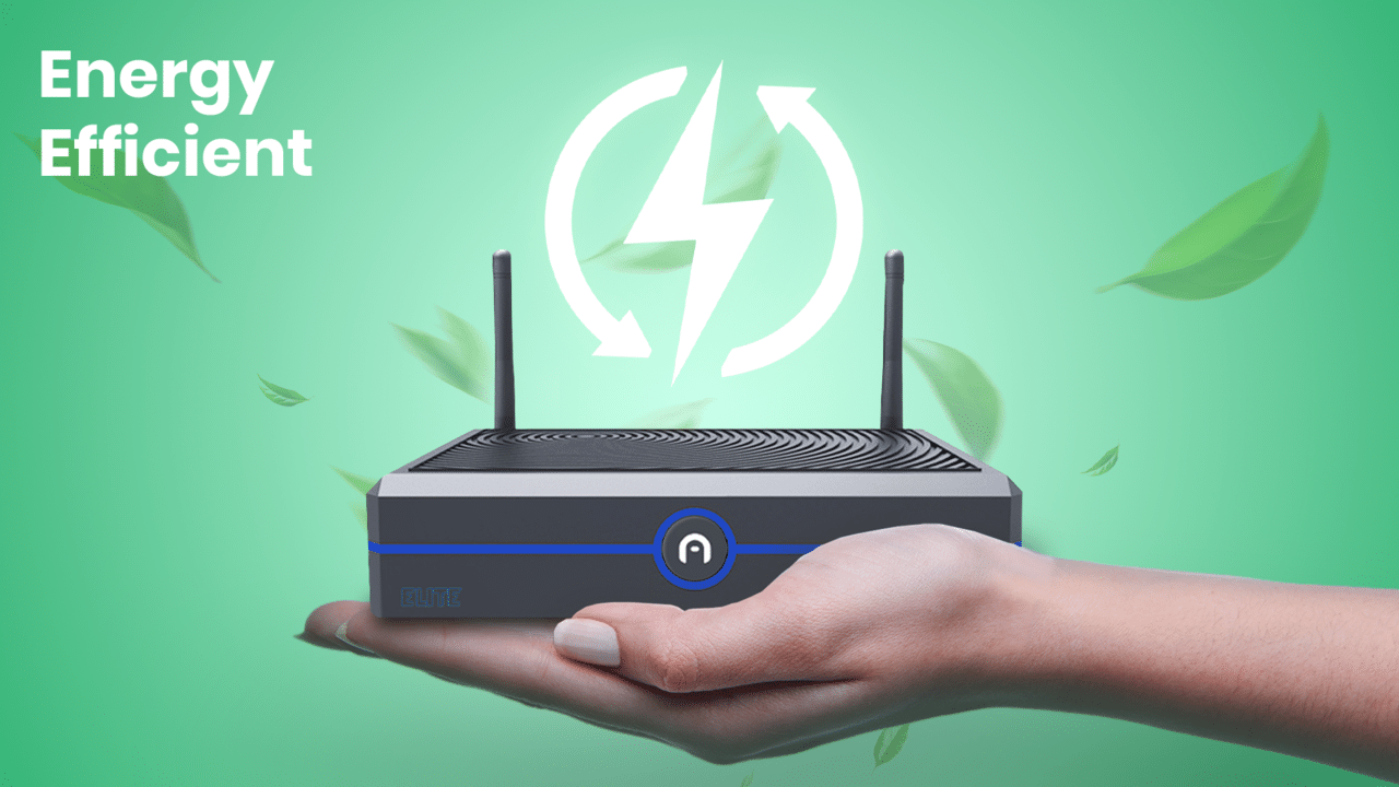 A person's hand holds a black mini PC with two antennas against a green background, showcasing a white energy efficiency symbol and floating green leaves. Text reads "Energy Efficient" in the top left corner, highlighting its superior performance compared to traditional computers.