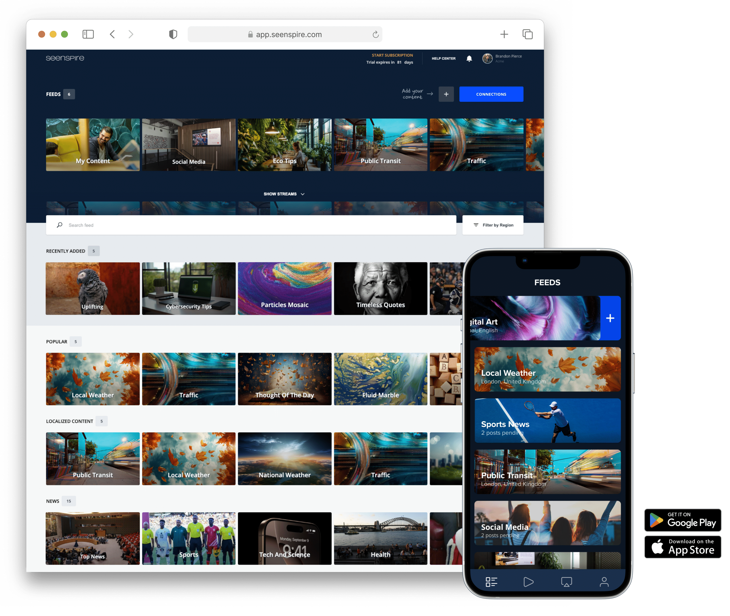 A desktop and mobile screen showcase a digital signage app with sections for weather, sports, social media, and other feeds.
