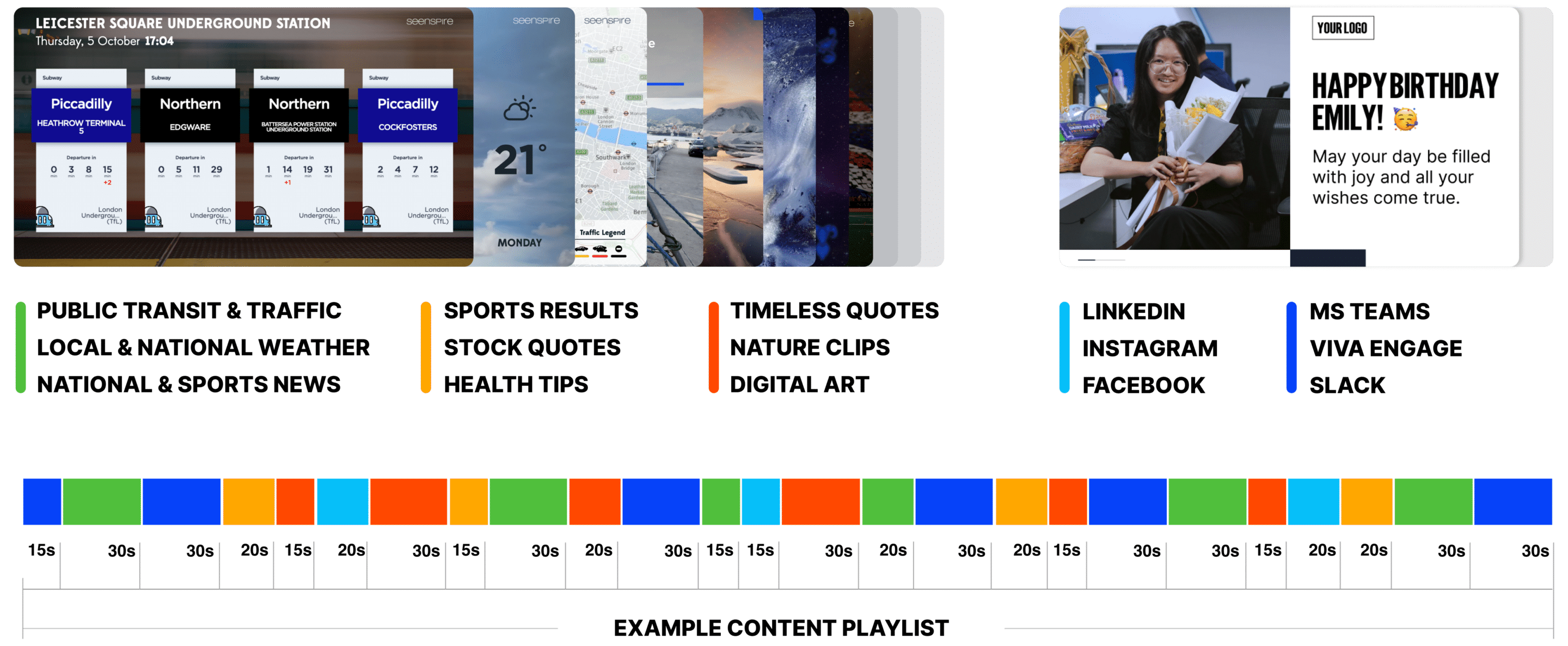 A digital signage display shows underground train statuses, weather updates, travel ads, and a birthday message for Emily.