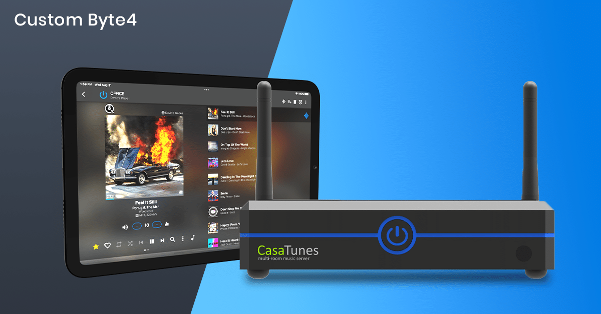 Compact Azulle mini PC placed next to a sleek multi-room audio system, highlighting seamless integration with smart home devices for powerful audio control across multiple rooms.