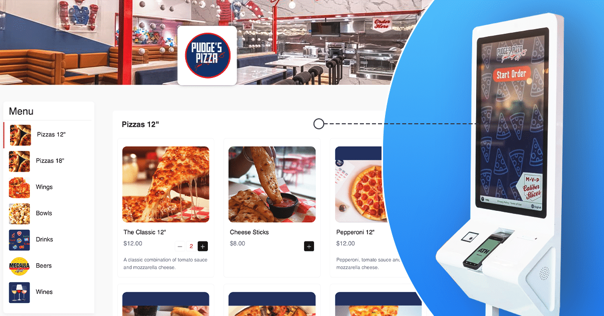 A sleek self-service kiosk equipped with an Azulle mini PC and a vibrant digital menu displaying food options, prices, and customization choices, set against a modern retail or restaurant environment, emphasizing efficiency and technology integration.