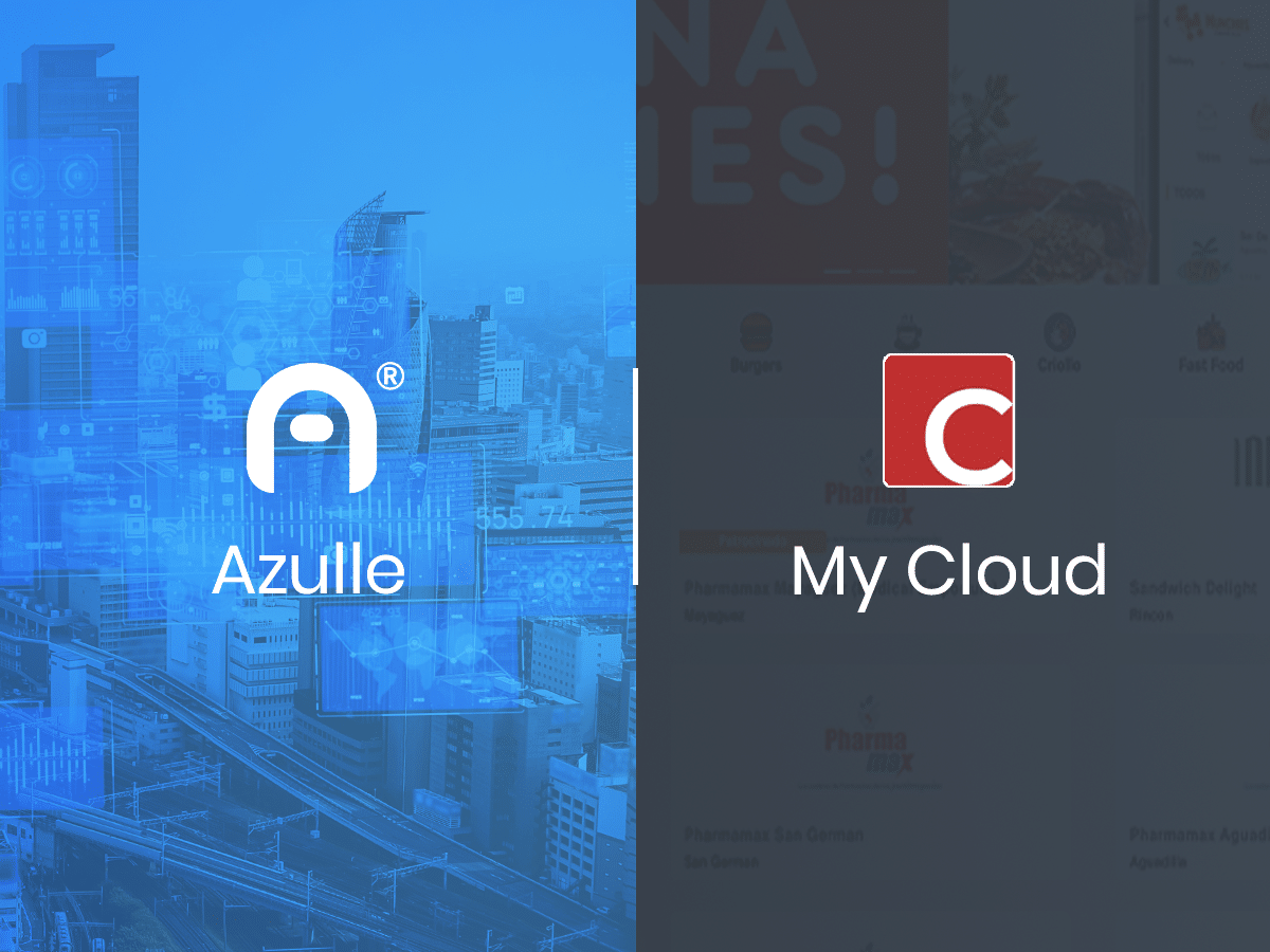 A split-screen image with the Azulle logo and name on a blue cityscape background on the left, and the My Cloud logo and name on a blurred background on the right, highlighting solutions for the hospitality industry.
