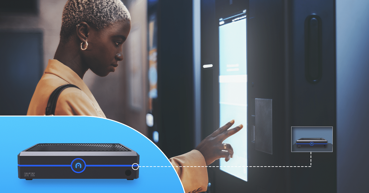 A modern self-service kiosk paired with an Azulle mini PC, featuring a user interacting with the touchscreen to navigate options, showcasing seamless technology and intuitive functionality in a professional setting. 