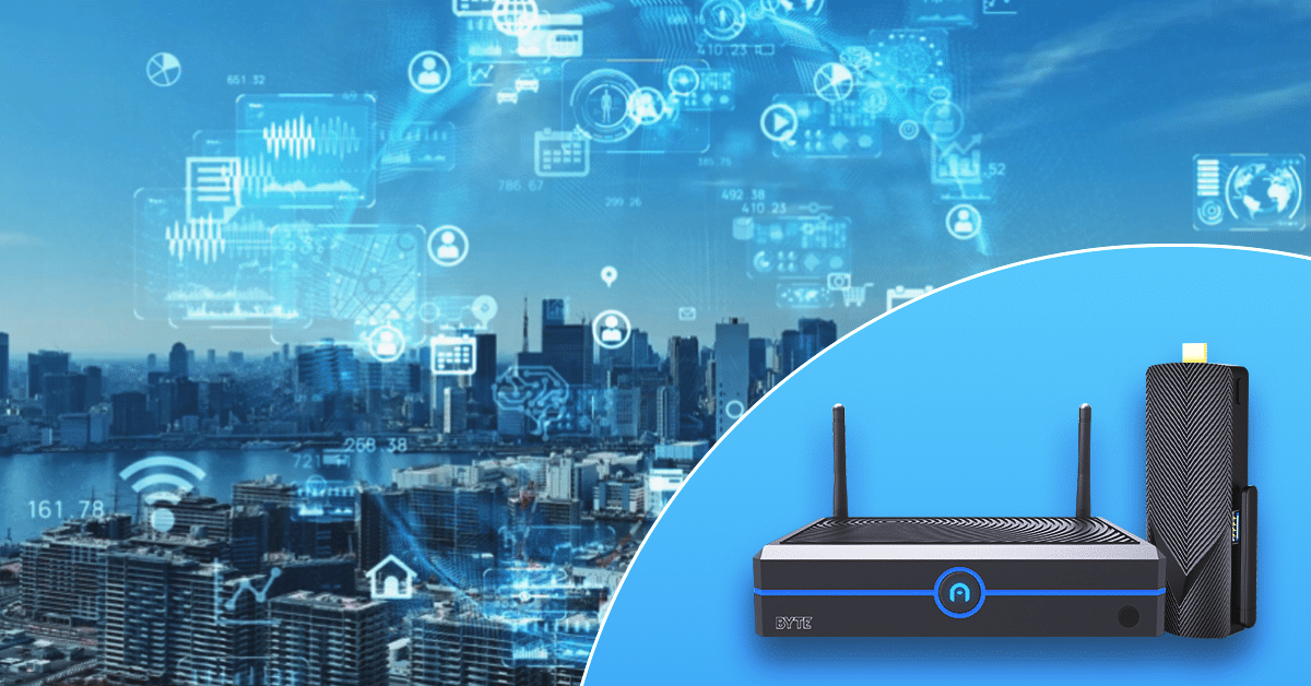 A compact Azulle mini PC displayed prominently in the foreground, with a bustling cityscape in the background, symbolizing powerful technology driving urban connectivity and innovation.