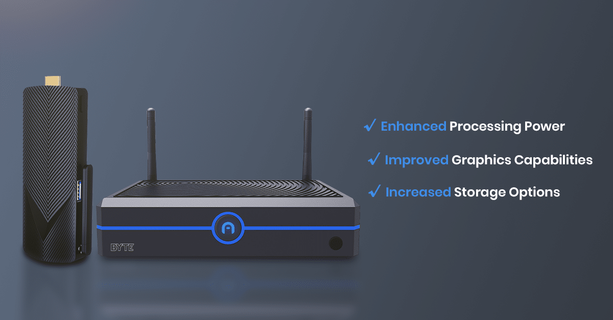 A tech gadget and modem are showcased against a blue gradient background, featuring text that underscores the enhanced processing power, improved graphics capabilities, and increased storage options. This presentation aligns with Azulle's vision for the future of the tech industry in its 2024 review.