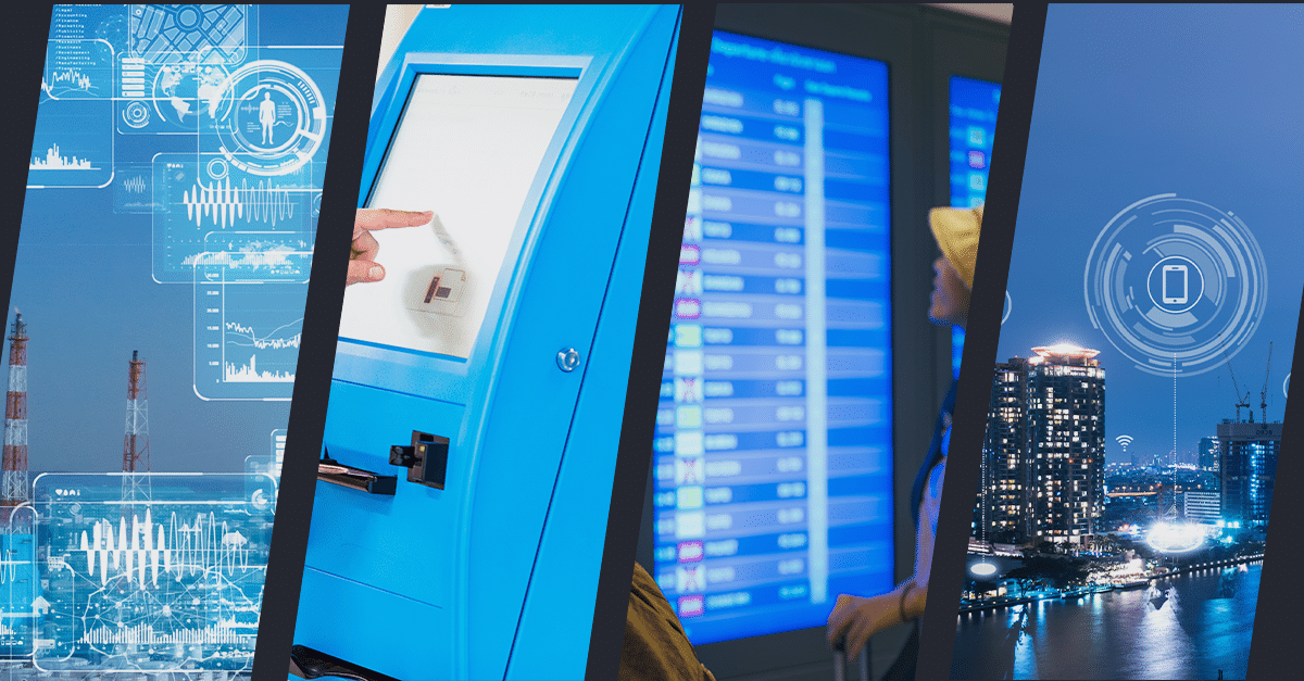 A collage of digital themes featuring data graphs, a hand using an Azulle touchscreen kiosk, a person viewing flight schedules, and a cityscape with a tech industry overlay showcasing milestones in innovation.