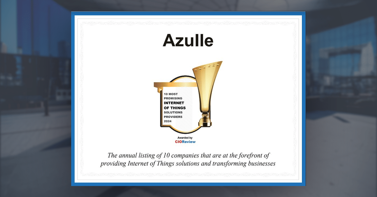 Award certificate for Azulle, celebrating its milestone achievement as one of the "10 Most Promising Internet of Things Solutions Providers 2024" by CIOReview. This accolade underscores Azulle's impactful contributions and innovations in the tech industry.