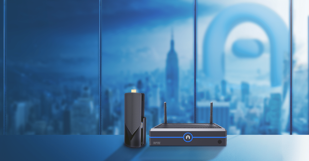 A router and a device with antennas rest on a blue surface, positioned against a cityscape backdrop where a blurred tech industry logo subtly floats in the sky.