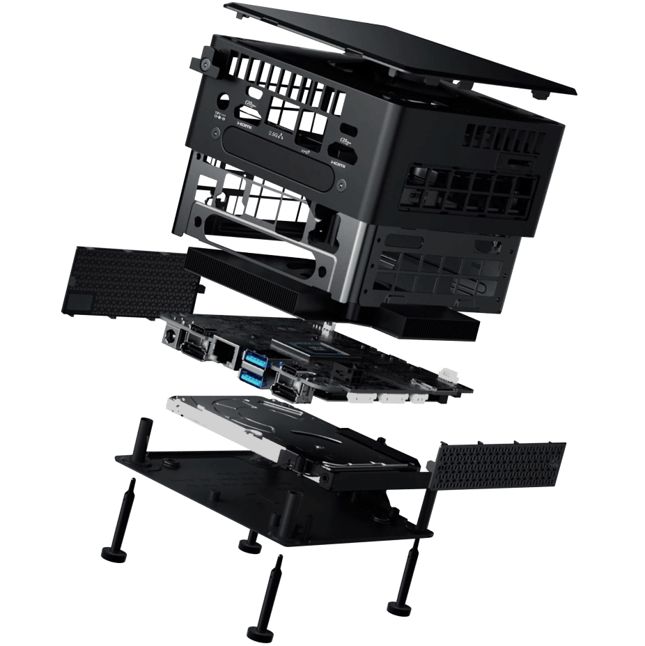 An exploded view of a compact mini PC by Azulle, displaying separated components such as ports, circuit board, connectors, and outer casing layers.