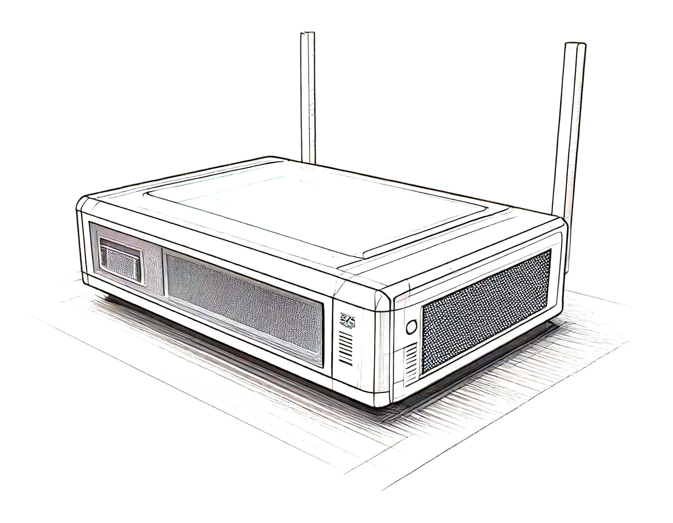 A rectangular electronic device with two antennas, featuring vents and a display panel, sits on a flat surface.