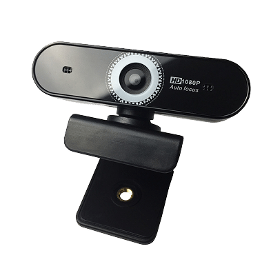 A black HD 1080p webcam with auto focus, mounted on a clip base, against a transparent background.