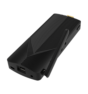 A black portable electronic device with a textured, diagonal striped surface and an attached clip, featuring a visible port on one end.