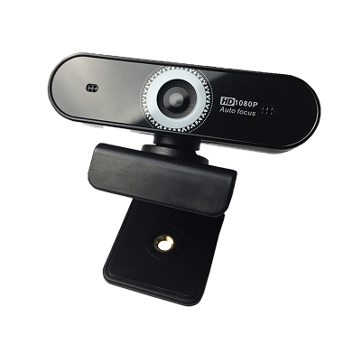 A black HD 1080P webcam with autofocus, mounted on a clip, positioned against a plain background.