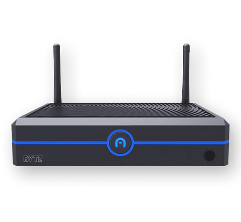A black rectangular wireless router with two antennas, a blue LED ring in the center, and the word "BYTE" on the front left side.