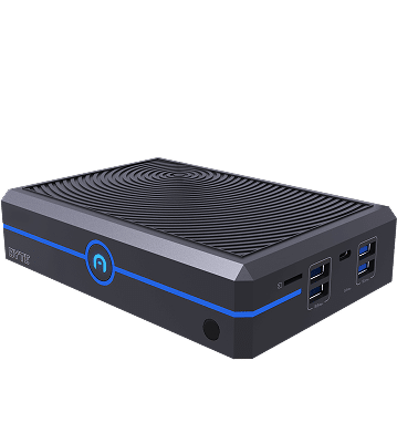 A compact black mini PC with a blue accent line, USB ports, and a power button on the front panel.