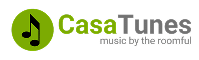 CasaTunes logo with a green music note icon and the words "CasaTunes music by the roomful" in gray text on a black background.