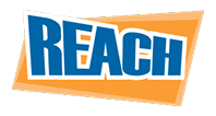 The word "REACH" in bold blue letters on an orange, tilted rectangular background.