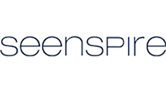 The image displays the word "seenspire" in a stylized, modern font with thin, blue outlined letters on a transparent background.