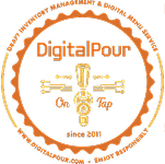 Circular logo for DigitalPour featuring a beer tap graphic, text "On Tap," and phrases about draft inventory management and digital menu service, established 2011.