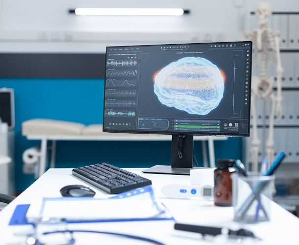A medical office desk with a computer displaying a brain scan, keyboard, clipboard, jar, stethoscope, and a skeleton model in the background.