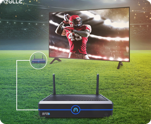 A TV displays a football player on a stadium field, with a wireless router in the foreground and a graphic linking the router to the TV.