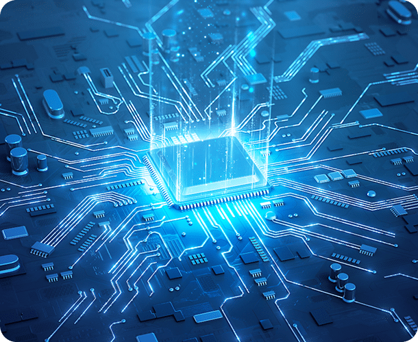 A glowing computer chip on a blue circuit board with illuminated lines representing data flow and digital connectivity.