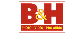 B&H logo with large red letters "B & H" and the words "Photo - Video - Pro Audio" below on a black background with a red and yellow border.