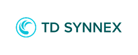 TD SYNNEX logo featuring a stylized teal circular wave icon to the left of the company name in teal uppercase letters on a black background.